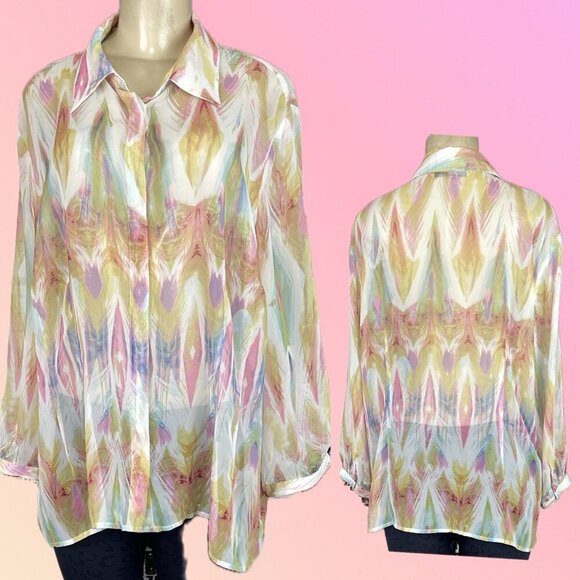 Peter Nygard 18 Sheer Multicolor Peacock Feather Button Collar 3/4 Sleeve Blouse - Picture 1 of 6